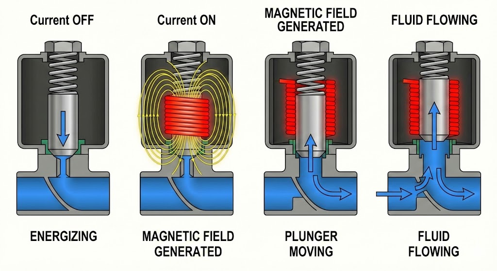 applying electricity - the coil generates a magnetic field - the valve core moves - fluid flows through