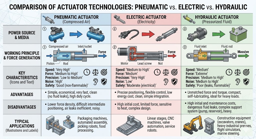 Pneumatic Actuators vs Electric Actuators vs Hydraulic Actuators